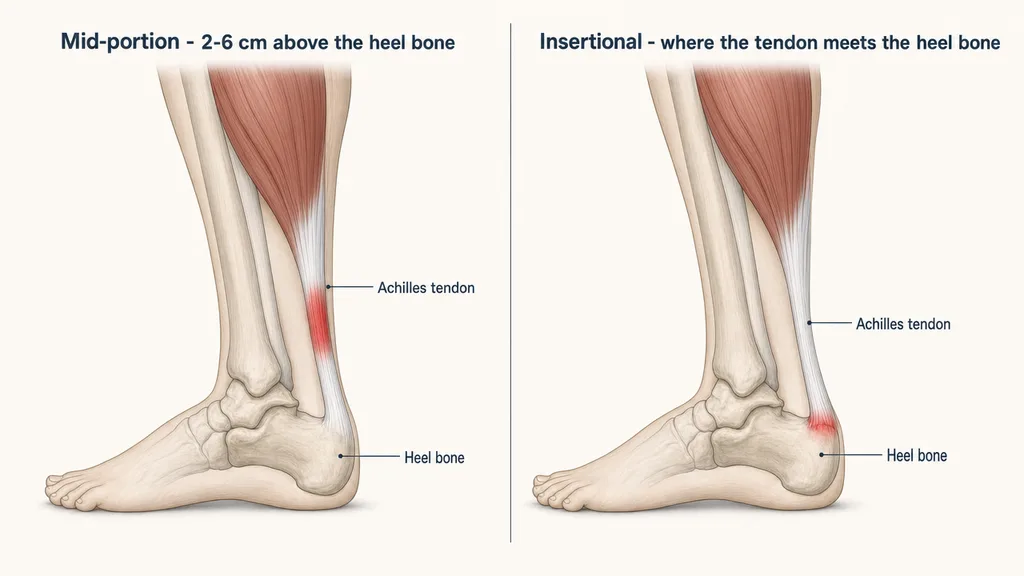 Side-by-side medical illustration of a lower leg comparing the two Achilles tendinopathy locations: mid-portion, highlighted in red 2-6 cm above the heel bone on the free tendon, versus insertional, highlighted where the tendon attaches to the back of the heel bone. Labels mark the Achilles tendon and heel bone.
