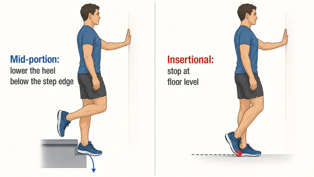 Two-panel exercise illustration of the single-leg eccentric heel drop: on the left the mid-portion version, with the heel lowering below a step edge along a downward arrow; on the right the insertional version on flat ground, stopping at a dashed floor-level line, with a red mark at the back of the heel.
