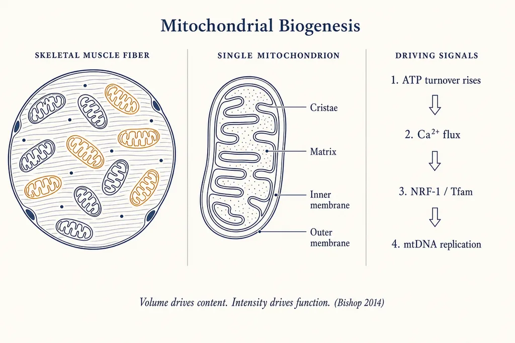 Three-panel anatomical diagram of mitochondrial biogenesis: skeletal muscle fiber cross-section with mitochondria on the left, a zoomed single mitochondrion with cristae, matrix, inner and outer membranes labeled in the middle, and four driving signals on the right — ATP turnover, calcium flux, NRF-1 and Tfam transcription factors, mtDNA replication. Caption notes that training volume drives mitochondrial content while intensity drives function (Bishop 2014).