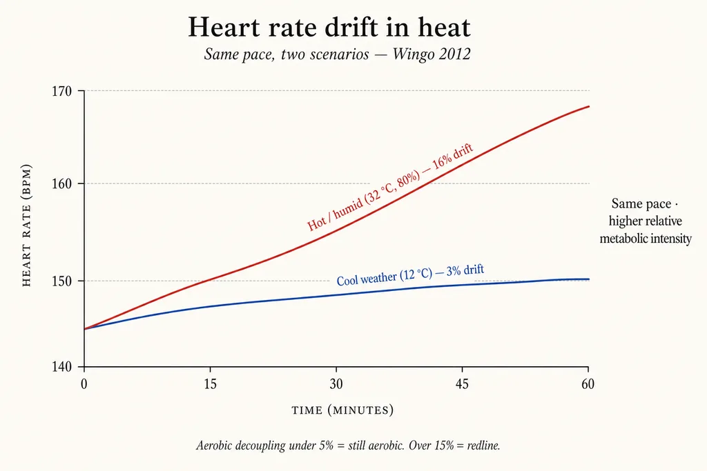 Time-series chart showing heart rate drift over 60 minutes at identical absolute pace: cool-weather curve at 12 °C rises only 3% from 145 to 150 bpm; hot/humid curve at 32 °C and 80% humidity climbs 16% from 145 to 168 bpm. The same pace reflects a higher relative metabolic intensity under heat stress (Wingo 2012).