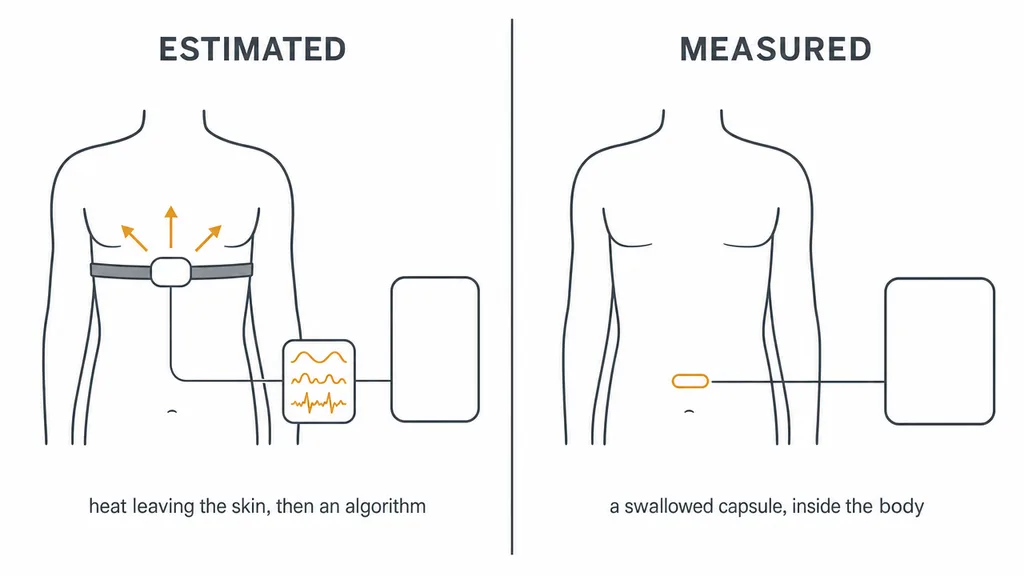 Side-by-side diagram: on the left a chest-strap sensor reads heat leaving the skin and passes it to an algorithm that outputs an estimate; on the right an ingestible capsule measures temperature directly inside the body.