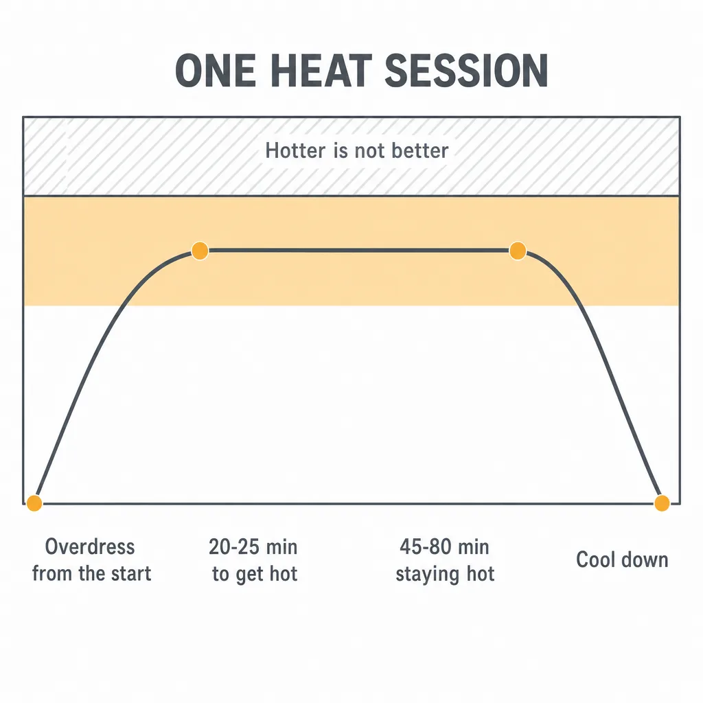 Schematic curve of one heat session: body heat rises for 20 to 25 minutes, holds on a plateau inside a target band for 45 to 80 minutes, then falls during cool-down, with a hatched band above the target marked hotter is not better.