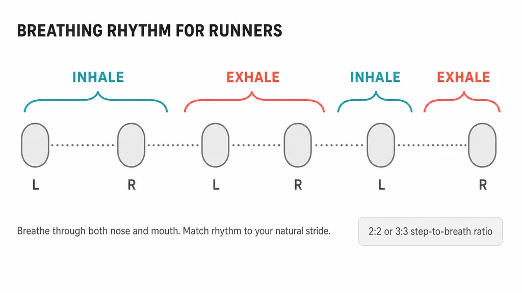 Breathing rhythm diagram for runners showing six footprint ovals on a horizontal timeline. Teal arcs labeled INHALE and coral arcs labeled EXHALE group steps into breathing phases. Callout: 2:2 or 3:3 step-to-breath ratio.