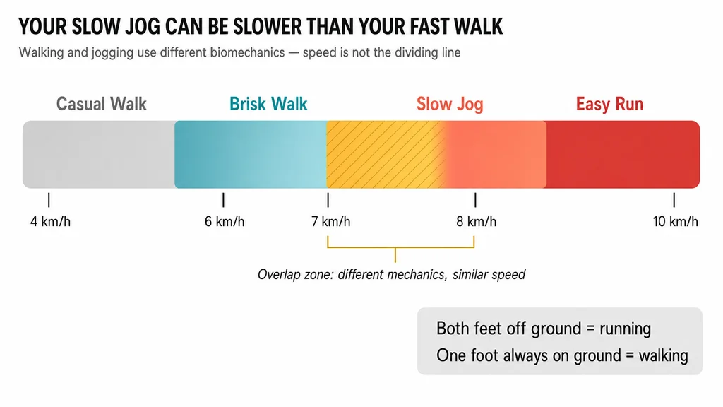 Horizontal speed spectrum with four zones: Casual Walk, Brisk Walk, Slow Jog, Easy Run. Yellow-gold overlap zone at 7 km/h shows that a slow jog can be at the same speed as a brisk walk.