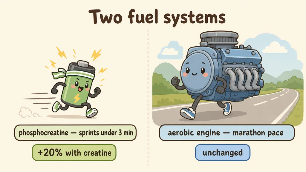 Two labelled fuel systems side by side: the phosphocreatine system used for sprints under 3 minutes, up about 20% with creatine, next to the aerobic engine used at marathon pace, unchanged.