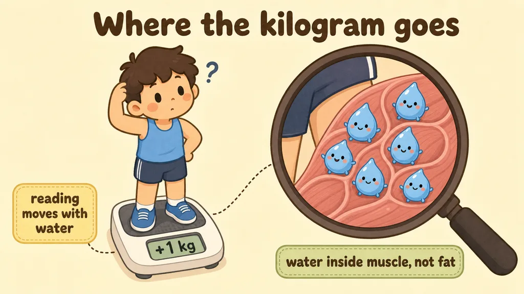 Where creatine’s extra kilogram goes: plus 1 kg drawn as water held inside the muscle rather than as fat, beside a body-composition reading that moves with body water.