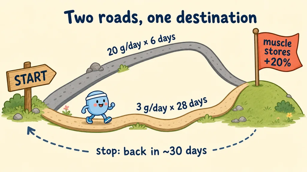 Two roads to one destination: 20 g a day for 6 days and 3 g a day for 28 days both arrive at muscle stores about 20% higher, with a return route marked stop — back in about 30 days.