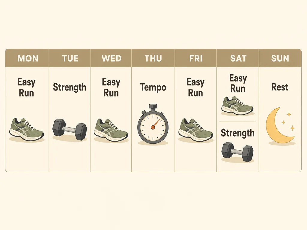 Weekly training calendar grid for fat-loss running showing 4 easy runs, 1 tempo session, 2 strength sessions, and 1 rest day across Monday through Sunday.