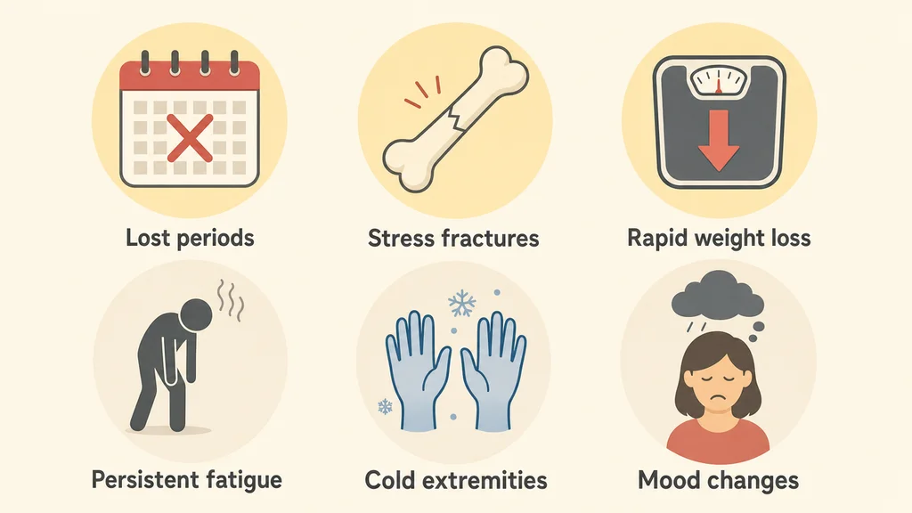Six RED-S warning signs in a 3 by 2 icon grid: lost periods, stress fractures, rapid weight loss, persistent fatigue, cold extremities, and mood changes.