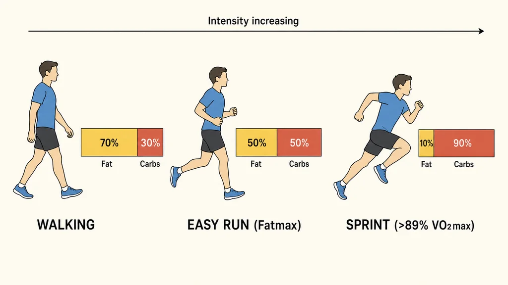 Three-stage diagram showing how the body fuel mix shifts from 70% fat at walking to 50% fat at easy-run Fatmax intensity to 10% fat at sprint intensity above 89% VO2max.