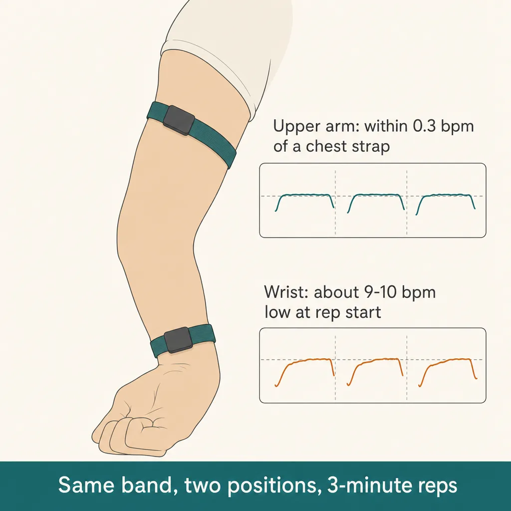 Diagram of one arm with the same screenless band worn at the wrist and on the upper arm, with inset heart-rate traces: the wrist trace reads about 9-10 bpm low at the start of each rep, the upper-arm trace stays within 0.3 bpm of a chest strap.