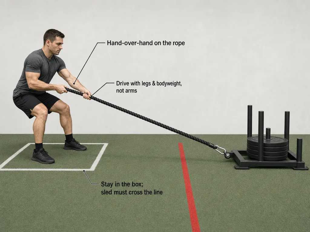 Diagram of a sled pull: gripping the rope hand-over-hand in a low leaning-back stance, driving with the legs and bodyweight while staying inside the marked box; the sled must cross the line.