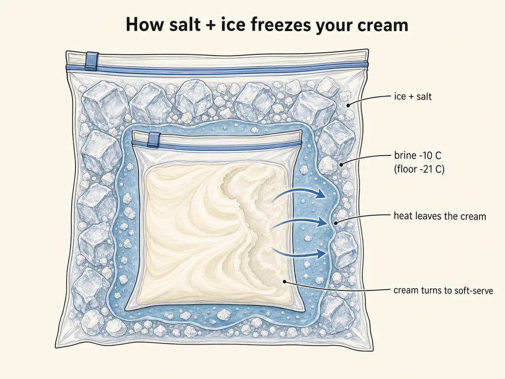 Cross-section diagram of a double-bagged ice cream run setup: inner bag of sweet cream surrounded by an outer bag of ice and rock salt, with the brine labeled at minus 10 degrees Celsius and arrows showing heat flowing out of the cream into the salt-ice bath