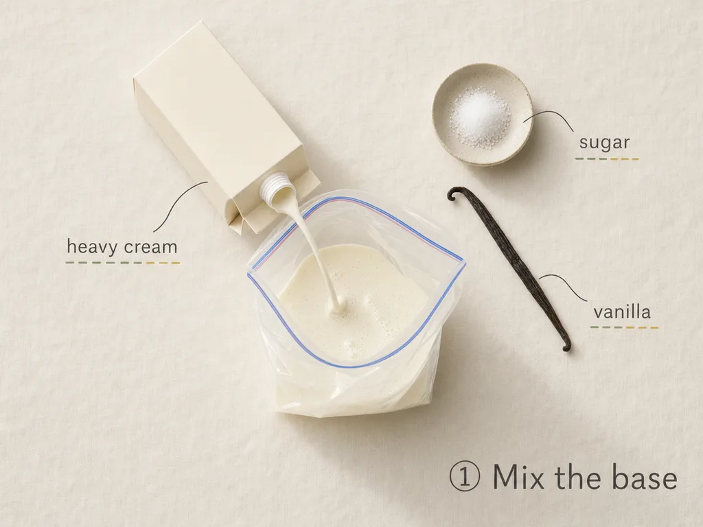 Pouring heavy cream, sugar, and vanilla into a small zip-top bag to make an ice cream base