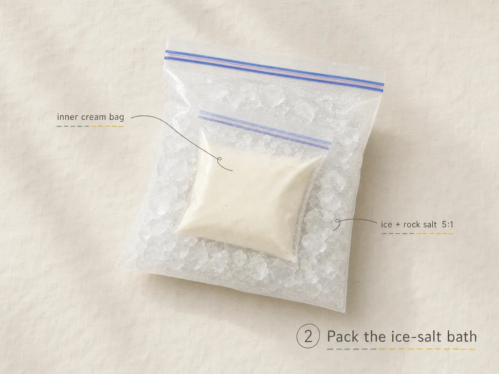 Layering crushed ice and coarse rock salt around a sealed inner bag inside a larger outer bag