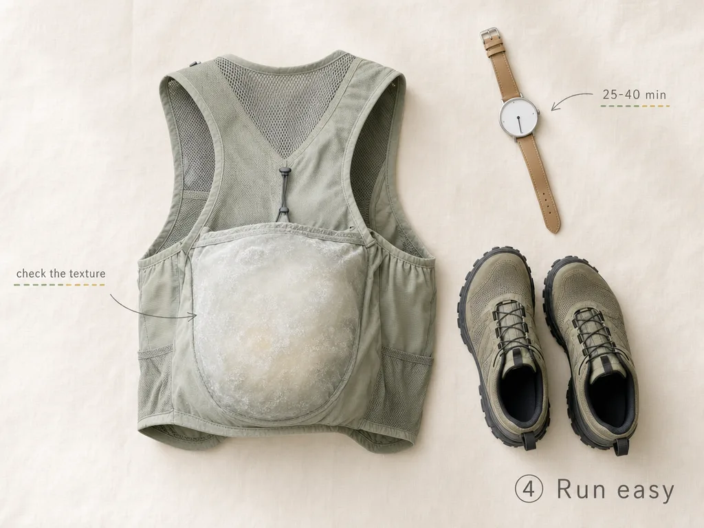 Runner on a trail with a loaded vest, mid-stride on an easy summer run
