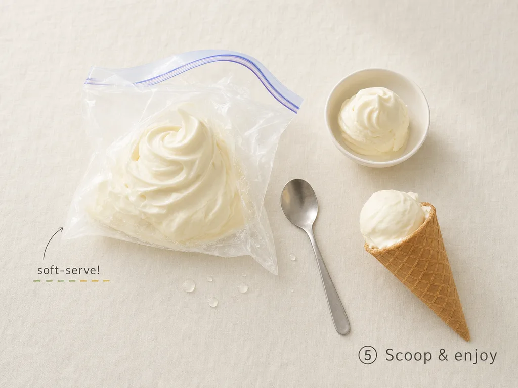 Scooping finished soft-serve ice cream out of the inner bag after a run