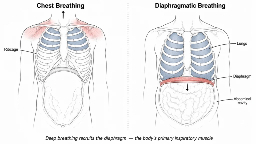 Two-panel anterior anatomical comparison of chest breathing versus diaphragmatic breathing. Left panel: chest-breathing pattern with elevated ribcage, the diaphragm barely flattened, only upper lung lobes expanded, and a red wash on the upper chest indicating accessory-muscle over-recruitment. Right panel: diaphragmatic-breathing pattern with the ribcage at rest, the diaphragm clearly flattened downward, the entire lung volume expanded, the belly gently rounded outward, and a red wash on the diaphragm marking it as the primary active driver. Four anatomical labels: Diaphragm, Lungs, Ribcage, Abdominal cavity.