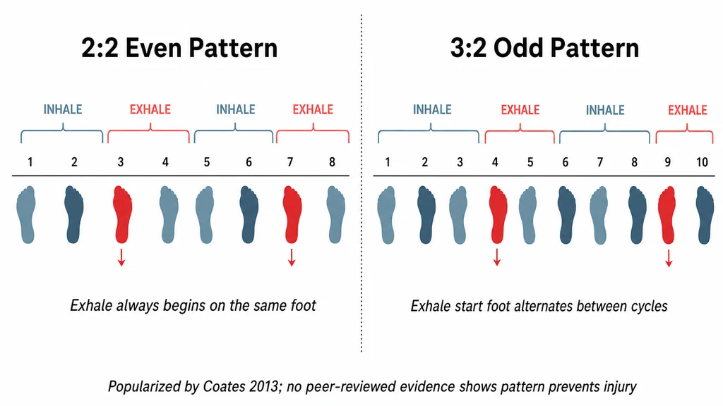 Two-panel timeline infographic comparing the 2:2 Even breathing pattern with the 3:2 Odd breathing pattern popularized by Coates 2013. Left panel: 2:2 pattern across eight footstrikes with two inhale-exhale cycles, the exhale always begins on the same foot (highlighted in red). Right panel: 3:2 pattern across ten footstrikes with two cycles where the exhale-start foot alternates between right and left (highlighted in red). Bottom caption notes no peer-reviewed evidence shows this pattern prevents injury.