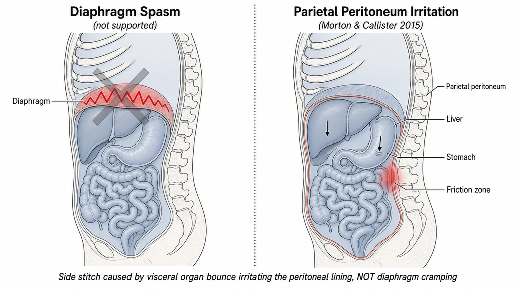 Two-panel sagittal anatomical comparison of side-stitch causation theories. Left panel: rejected diaphragm-spasm theory with a red zigzag spasm wave across the diaphragm and a translucent gray X overlay marking it as not supported. Right panel: parietal-peritoneum-irritation mechanism per Morton & Callister 2015, with the peritoneum lining highlighted in coral, downward arrows on the liver and stomach indicating organ bounce during footstrike, and a red friction zone where the liver attaches via ligaments. Five anatomical labels: Diaphragm, Parietal peritoneum, Liver, Stomach, Friction zone.