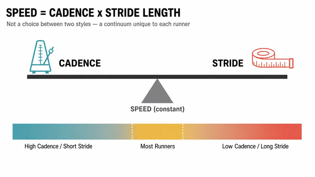 Seesaw diagram showing Speed equals Cadence times Stride Length. Higher cadence means shorter stride and vice versa, with most runners in a comfortable middle zone.