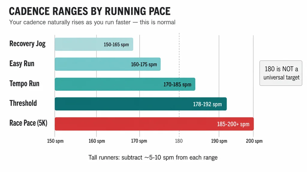 Horizontal bar chart showing cadence ranges by running pace from Recovery Jog at 150-165 spm to Race Pace 5K at 185-200 plus spm. Note that 180 is not a universal target.