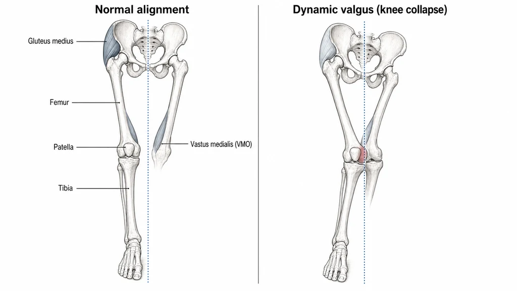Anterior view comparing normal lower-limb alignment versus dynamic valgus during single-leg stance. Left panel shows balanced pelvis, vertically stacked femur and tibia, and the patella centered in the femoral groove. Right panel shows pelvic drop, inward-collapsing knee, and the patella drifting laterally with a red wash highlighting the patellofemoral compression zone. Five anatomical labels: Patella, Femur, Tibia, Gluteus medius, Vastus medialis (VMO).