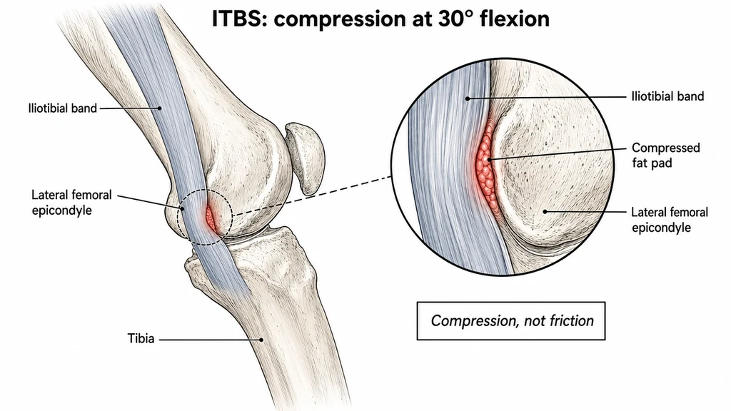 Lateral view of a flexed knee at approximately 30 degrees showing the iliotibial band syndrome (ITBS) compression mechanism. The iliotibial band runs as a thick fascial sheet down the outer thigh and presses against the lateral femoral epicondyle, compressing a small fat pad between them (highlighted in red). A magnified callout circle on the right shows the compression zone in close-up. Pull-quote: "Compression, not friction." Four anatomical labels: Iliotibial band, Lateral femoral epicondyle, Compressed fat pad, Tibia.