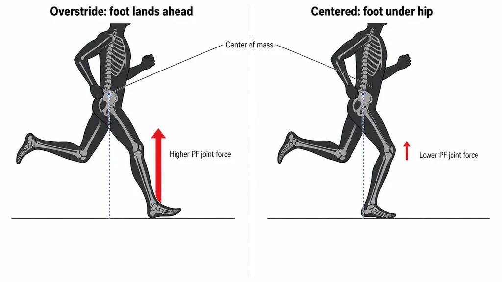 Two-panel side-by-side biomechanics comparison of running foot-strike position relative to the center of mass. Both runners shown in lateral view with light skeleton overlay. Left panel ("Overstride: foot lands ahead"): foot lands well ahead of the blue dotted center-of-mass reference line, knee more extended at contact, with a thick red upward arrow at the knee labeled "Higher PF joint force." Right panel ("Centered: foot under hip"): foot lands directly under the hip on the center-of-mass line, knee more flexed, with a thinner red arrow labeled "Lower PF joint force."