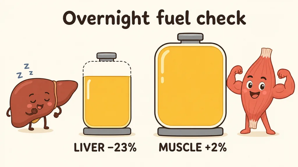 Two cartoon fuel tanks the morning after sleep: the smaller liver tank is down about a fifth (−23%) while the larger muscle tank is still full (+2%).