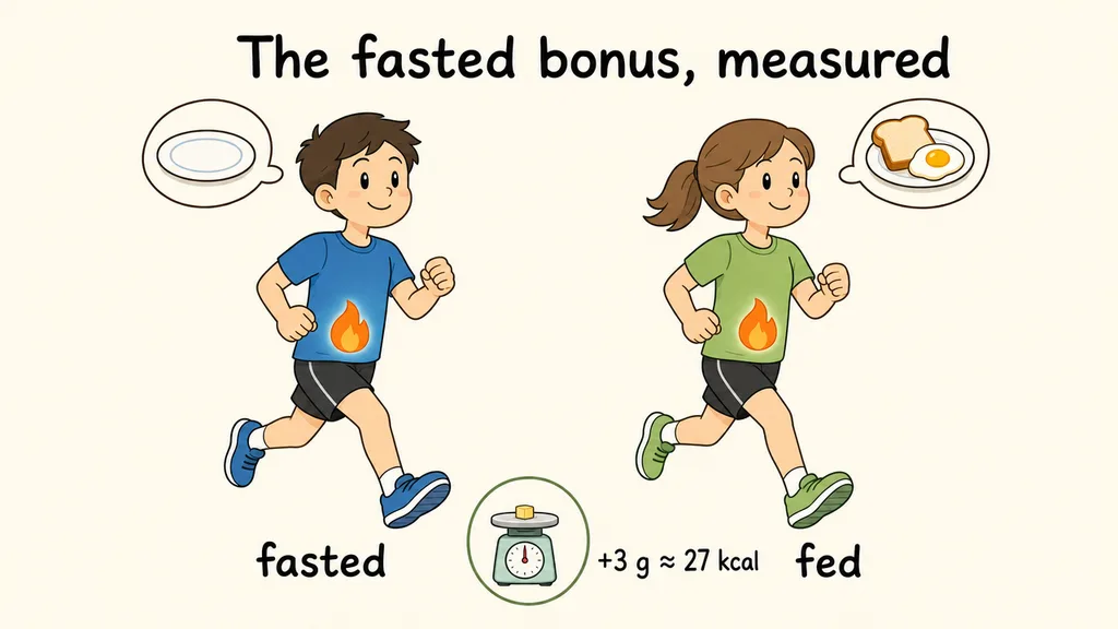 Two runners burning fat side by side — one fasted, one after breakfast; the measured difference sits on a kitchen scale: about 3 g of fat, roughly 27 kcal.