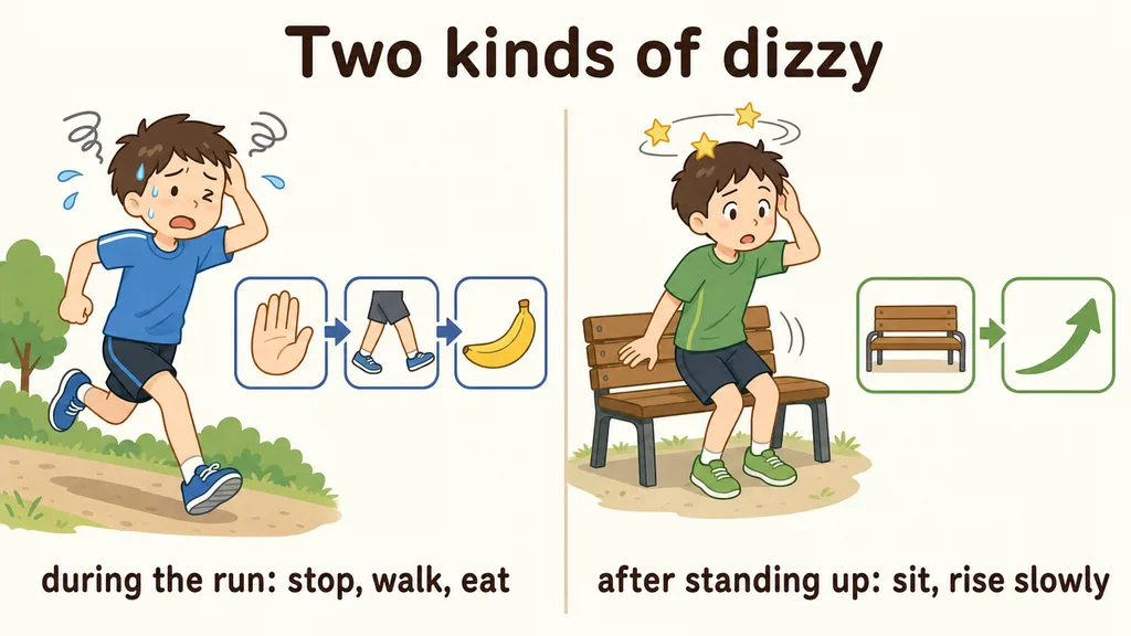 Two panels comparing dizziness: wobbling mid-run means stop, walk and eat; seeing stars after standing up means sit down and rise slowly.