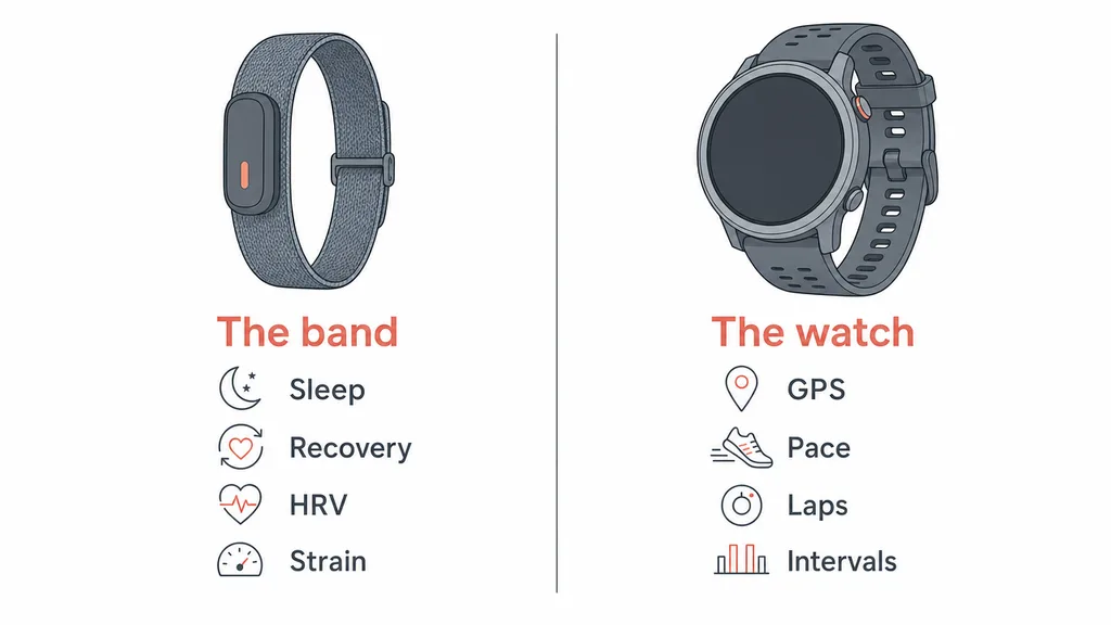 Split comparison of two wearable roles for runners: a screenless fitness band labeled with Sleep, Recovery, HRV and Strain on the left, and a GPS sports watch labeled with GPS, Pace, Laps and Intervals on the right.