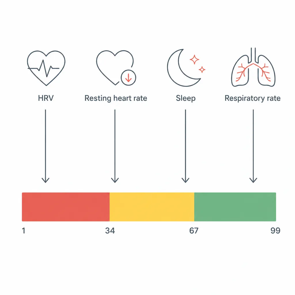 Schematic of the four inputs WHOOP uses for its Recovery score — HRV, resting heart rate, sleep and respiratory rate — feeding into a 1-99 score bar divided into red, yellow and green zones at 34 and 67.