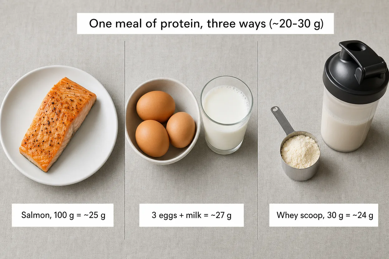 Three ways to eat one meal-sized dose of protein: a 100 g salmon fillet (~25 g), three eggs with a glass of milk (~27 g), and a 30 g whey scoop next to a shaker (~24 g).