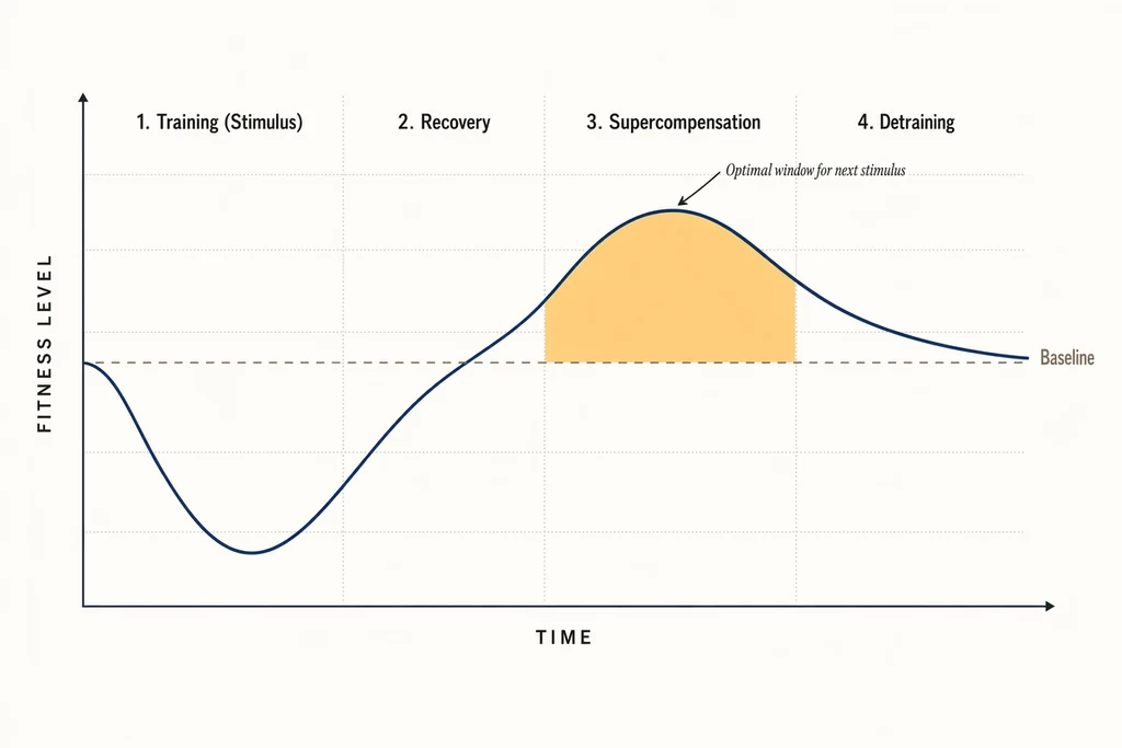 Four-phase supercompensation curve showing fitness level over time: training stimulus drops fitness below baseline, recovery returns it to baseline, supercompensation overshoots baseline (the optimal training window highlighted in amber), then detraining gradually declines back to baseline if no new stimulus follows.