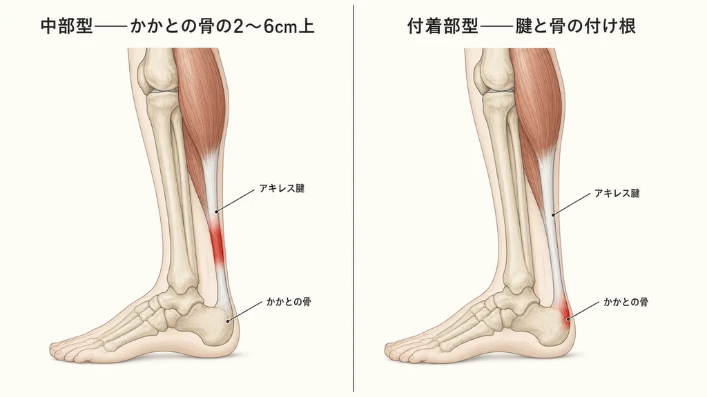 下腿の側面医療イラストでアキレス腱症の2つのタイプを比較:左は中部型で、かかとの骨の2〜6cm上の腱に赤いハイライト。右は付着部型で、腱がかかとの骨に付く部分に赤いハイライト。アキレス腱とかかとの骨のラベル付き。