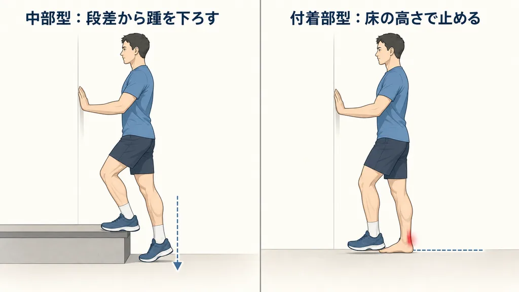 片脚エキセントリック・カーフレイズの2バージョン比較イラスト:左は中部型向けで、踵が段差の縁より下まで矢印に沿って下がる。右は付着部型向けで、平地で踵が床の高さの点線で止まり、踵の後ろに赤いマーク。