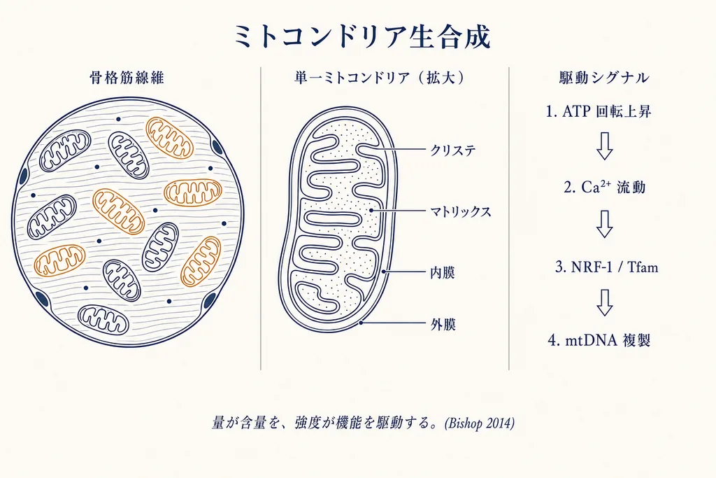 ミトコンドリア生合成の3パネル解剖図:左は骨格筋線維断面とミトコンドリア群、中央は単一ミトコンドリア拡大とクリステ・マトリックス・内膜・外膜、右は4つの駆動シグナル(ATP回転上昇、Ca²⁺流動、NRF-1/Tfam、mtDNA複製)。下部に「量が含量を、強度が機能を駆動する」とBishop 2014 を引用。