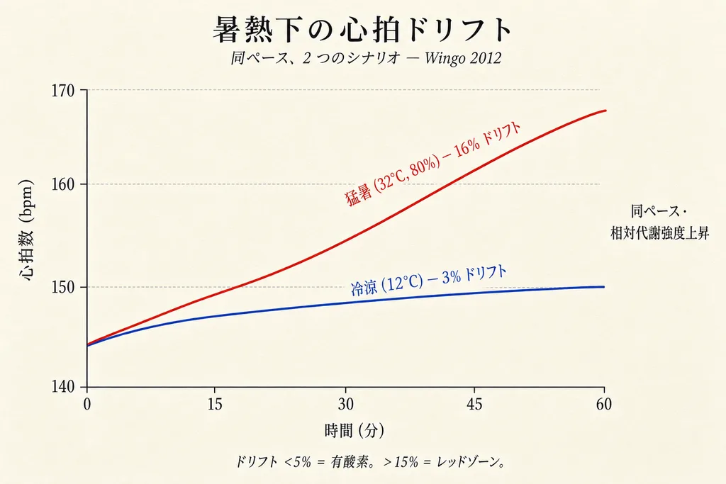 同絶対ペースで 60 分間の心拍ドリフト時系列:冷涼(12°C)青曲線は 3% のみ(145→150 bpm)、猛暑(32°C、80% 湿度)赤曲線は 16% 上昇(145→168 bpm)。同ペースが暑熱下では相対代謝強度の上昇を反映(Wingo 2012)。