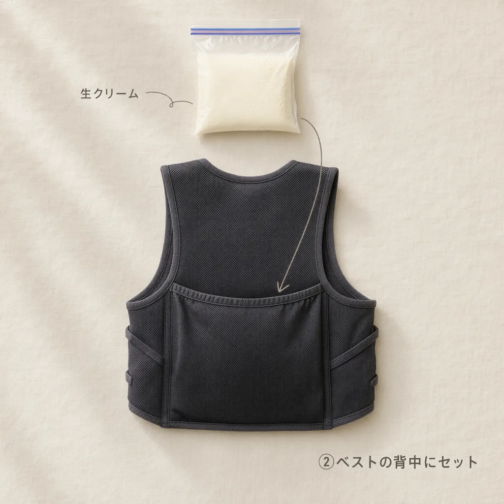 ランニングベストの背中ポケットに生クリームを入れた袋を装着する準備