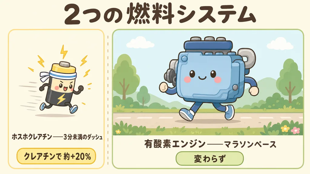 2つの燃料システムの比較：ホスホクレアチン（3分未満のダッシュ用）はクレアチンで約+20%、有酸素エンジン（マラソンペース）は変わらず。