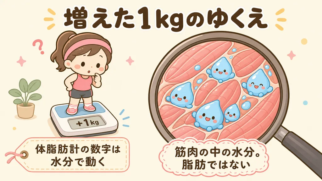 増えた1kgのゆくえ：大半は筋肉の中の水分。体組成計の体脂肪率の数字も、水分の増減で動く。