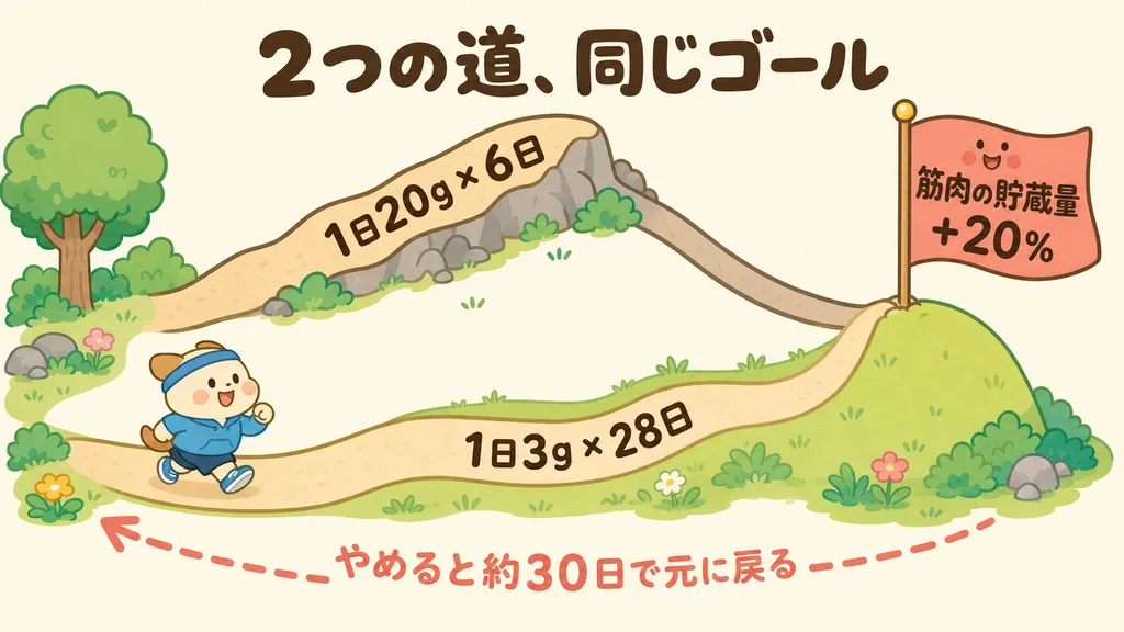 2つの道、同じゴール：1日20gを6日間でも、1日3gを28日間でも、筋肉の貯蔵量は+20%。やめると約30日で元に戻る。