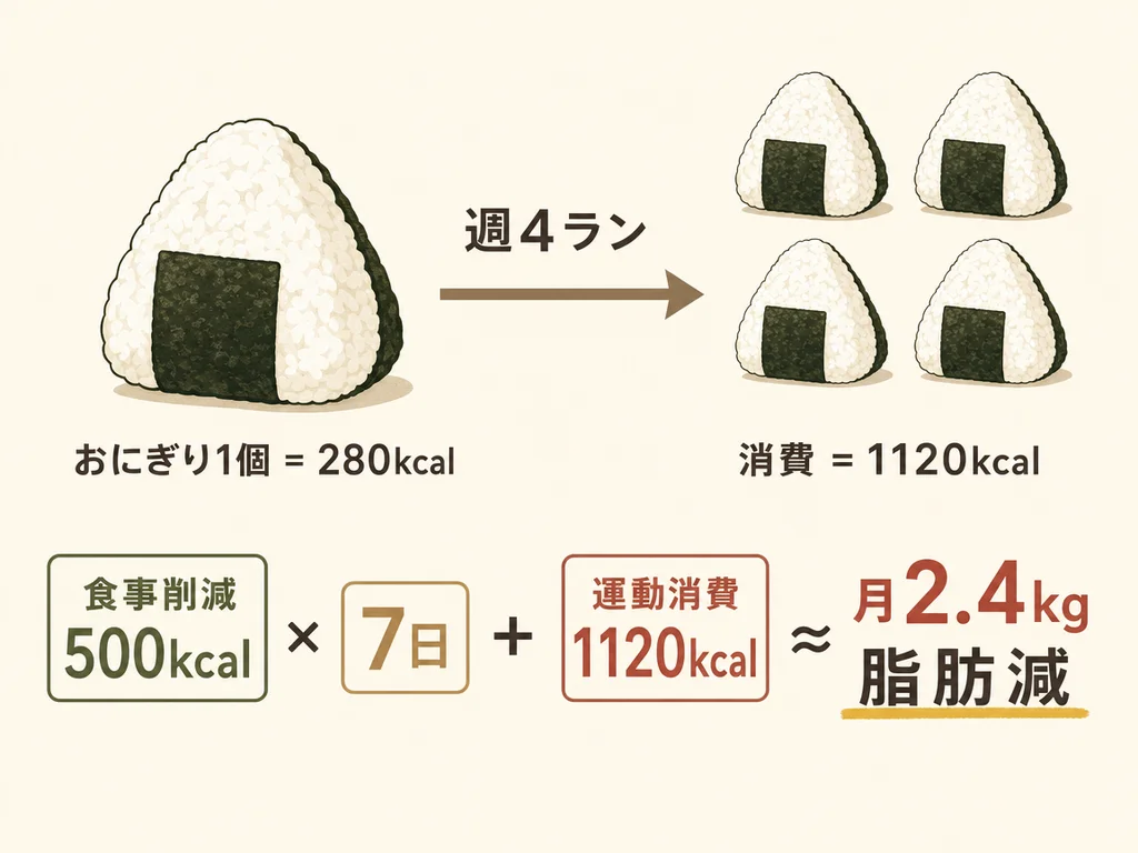 おにぎり1個=280kcalを基準にした週間カロリー収支図：週4ランで1120kcal消費、食事削減500kcal×7日、月2.4kgの脂肪減算式。