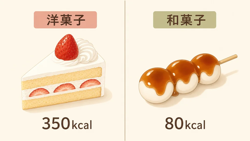 洋菓子（ショートケーキ350kcal）と和菓子（みたらし団子80kcal）のカロリー比較。同じご褒美でも4倍以上の差。
