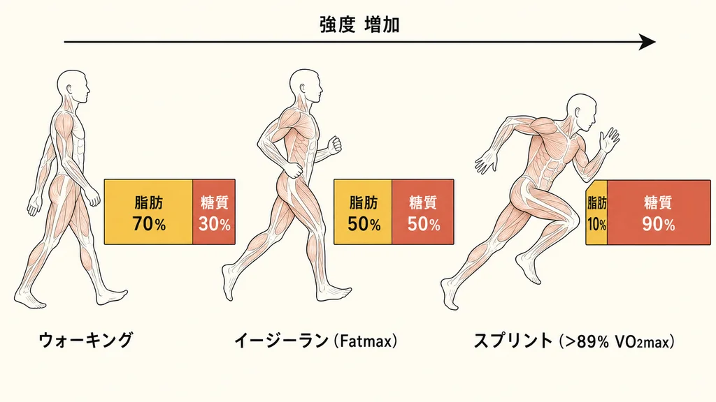 ウォーキング(脂肪70%)、イージーラン Fatmax(脂肪50%)、スプリント(脂肪10%) の3段階で燃料配分が変化する生物学的概念図。