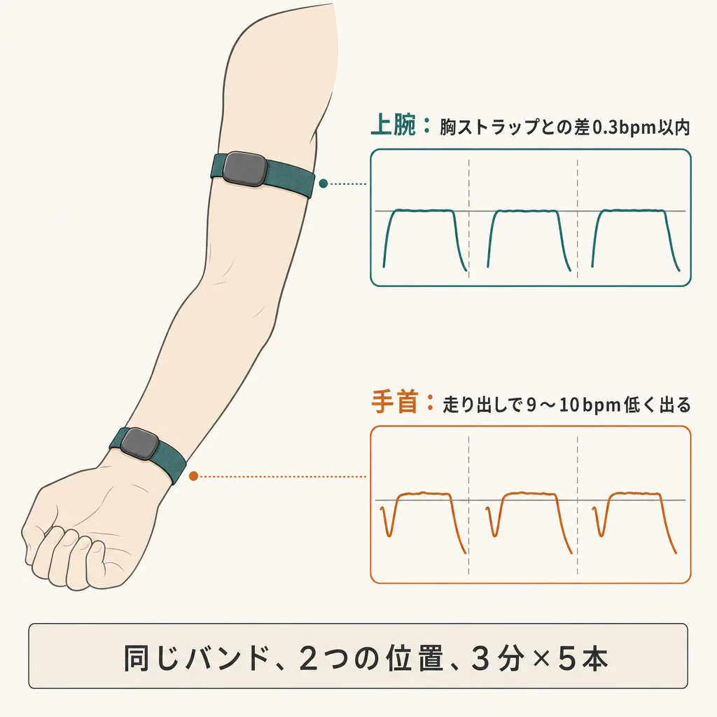 同じ画面なしバンドを手首と上腕に着けた腕の図と、2つの心拍グラフ：手首では各本の走り出しで9〜10bpm低く出て、上腕では胸ストラップとの差が0.3bpm以内。