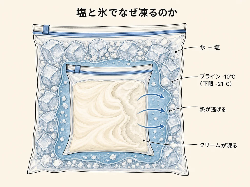 氷に岩塩を溶かすと吸熱で凝固点が下がり、ブラインが約-10℃まで冷える仕組みと、温かいベースから袋の壁を越えて氷点下のブラインへ熱が流れる図解