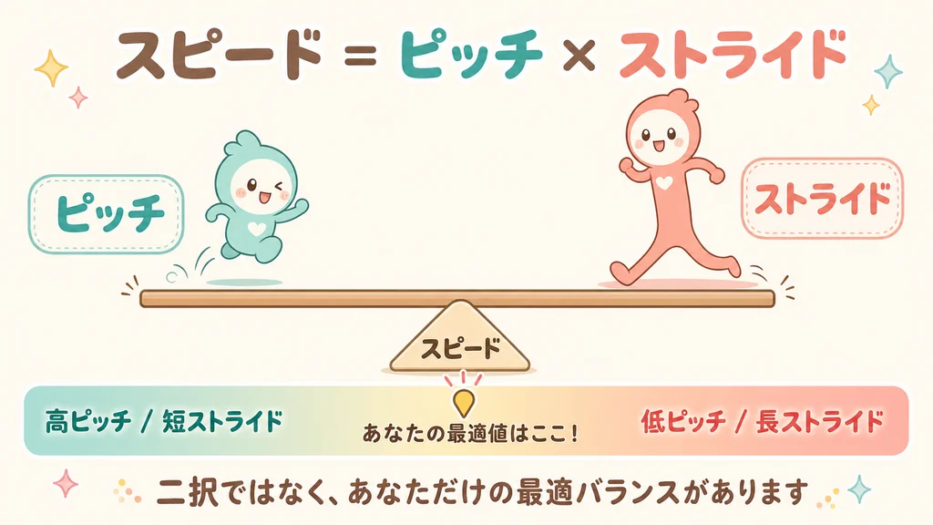 かわいいキャラクターがシーソーに乗った図。スピード=ピッチ×ストライドの関係を示し、高ピッチ/短ストライドから低ピッチ/長ストライドまでの連続的なバランスを表現。
